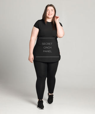 Plus Size Gym Top with secret cinch panel. Black leggings and black gym top.